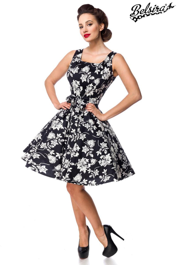 Kleid mit Blumen Muster Schwarz Weiß 50308 | Belsira