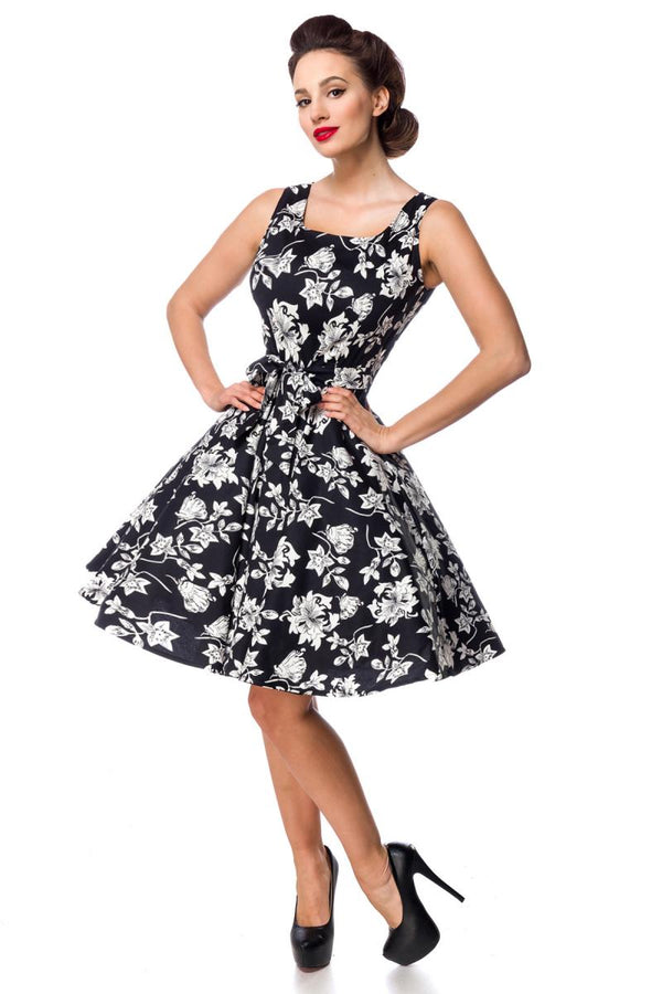 Kleid mit Blumen Muster Schwarz Weiß 50308 | Belsira