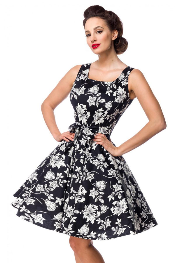 Kleid mit Blumen Muster Schwarz Weiß 50308 | Belsira
