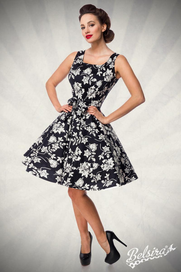 Kleid mit Blumen Muster Schwarz Weiß 50308 | Belsira