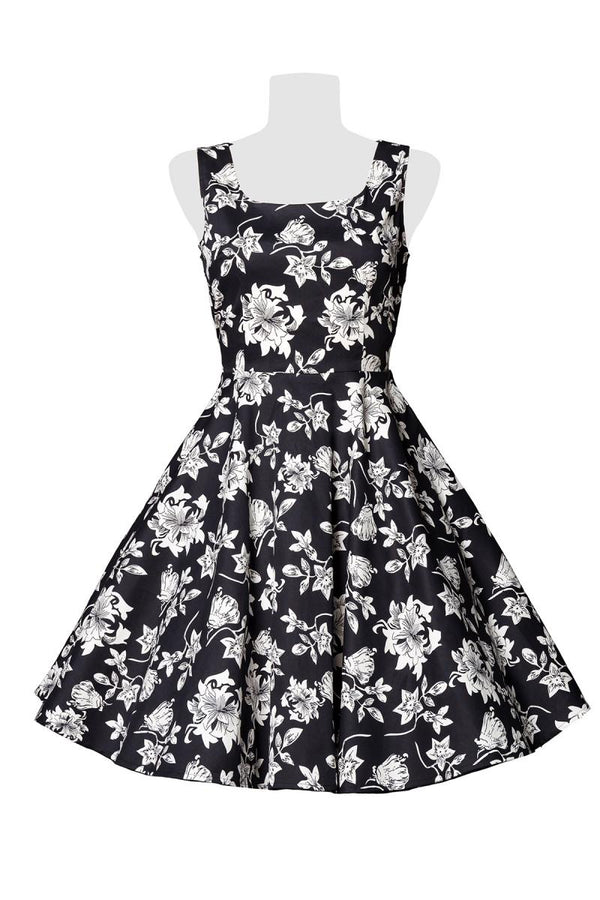 Kleid mit Blumen Muster Schwarz Weiß 50308 | Belsira