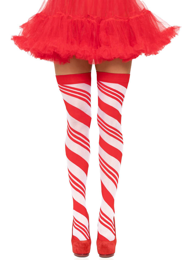 Rot-weiß gestreifte Overknee Strümpfe im Zuckerstangen Design | Leg Avenue