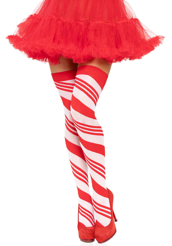 Rot-weiß gestreifte Overknee Strümpfe im Zuckerstangen Design | Leg Avenue