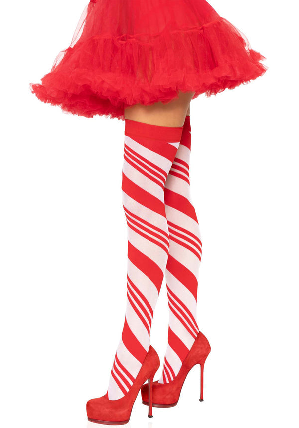 Rot-weiß gestreifte Overknee Strümpfe im Zuckerstangen Design | Leg Avenue