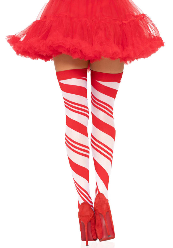 Rot-weiß gestreifte Overknee Strümpfe im Zuckerstangen Design | Leg Avenue
