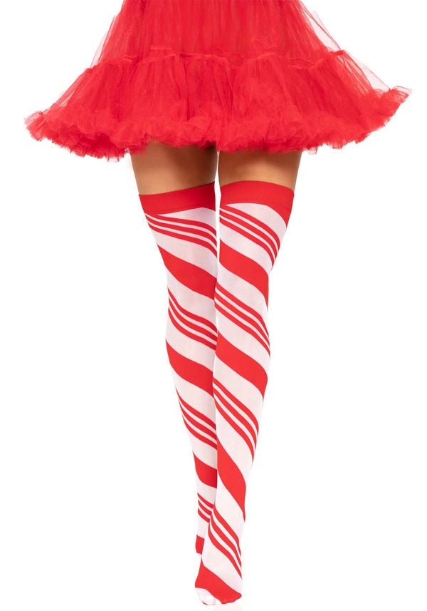 Rot-weiß gestreifte Overknee Strümpfe im Zuckerstangen Design | Leg Avenue