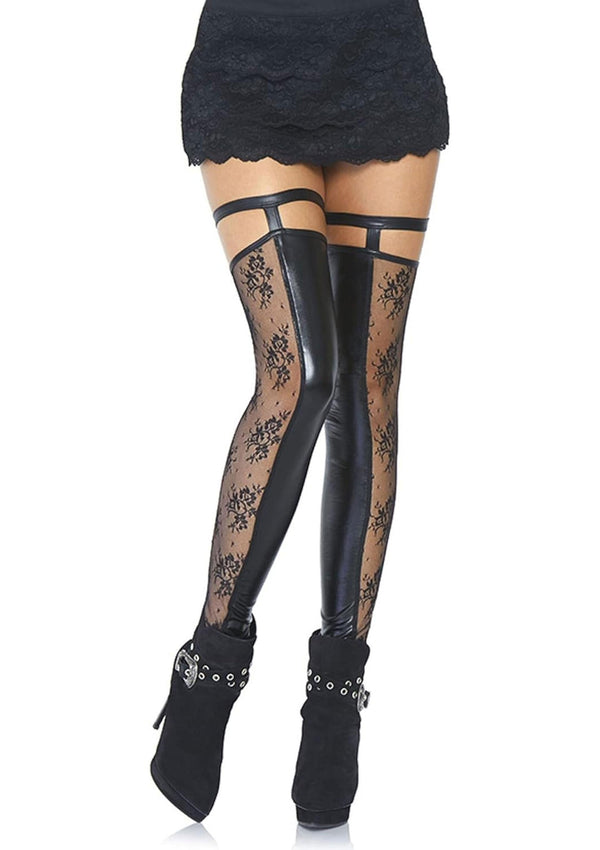 Schwarze elegante Wetlook Halterlose mit floralen Spitzenelementen von Leg Avenue
