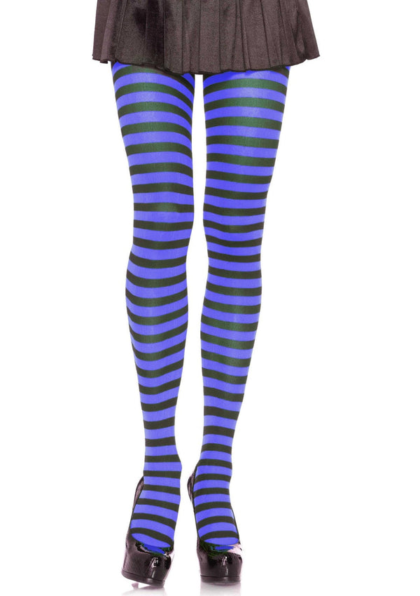 Schwarze verführerische Strumpfhose mit royalblauen Streifen von Leg Avenue