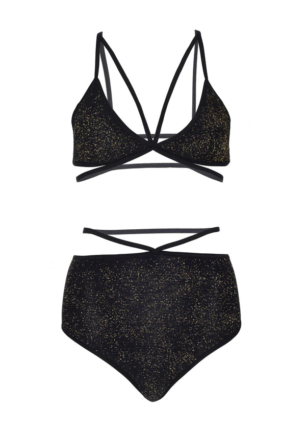 Schwarz goldenes funkelndes Lurex Dessous Set mit aufregenden Käfig Trägern von Leg Avenue – Ansicht 2