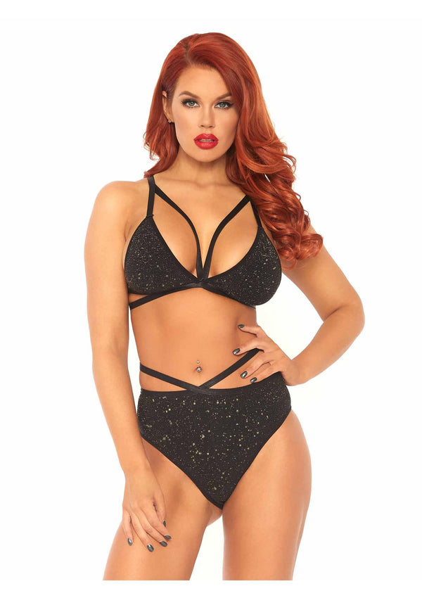 Schwarz goldenes funkelndes Lurex Dessous Set mit aufregenden Käfig Trägern von Leg Avenue – Ansicht 4