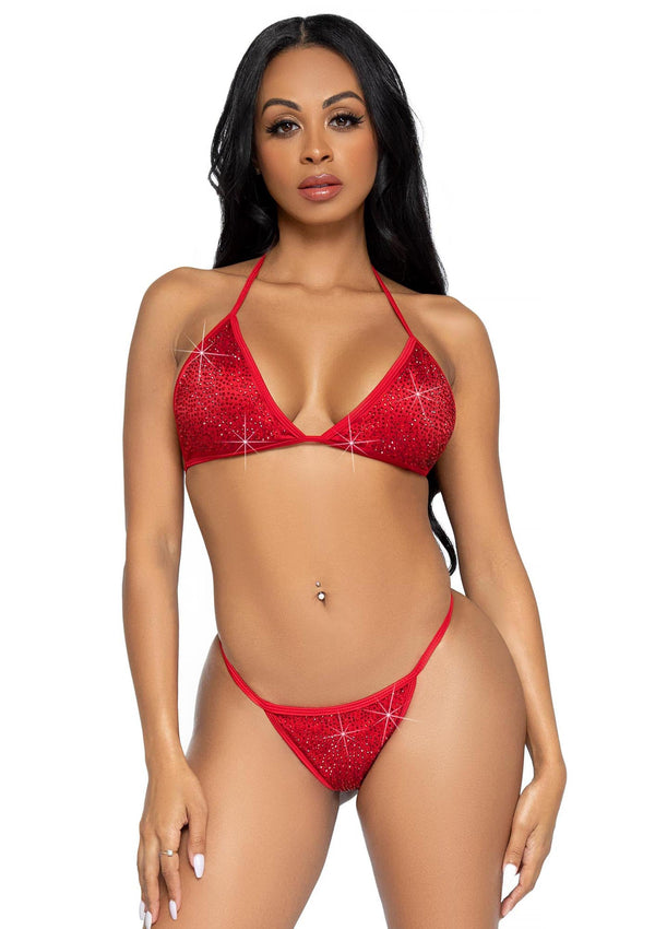 Rotes atemberaubendes glitzerndes Strass Bikini Set mit frech gerüschtem Höschen von Leg Avenue