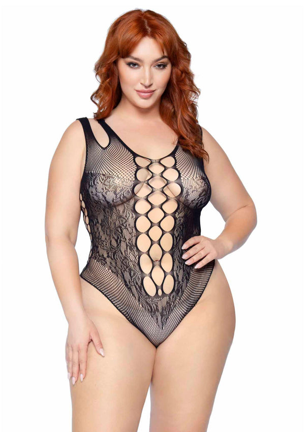 Schwarzer atemberaubender Bodysuit aus feiner Spitze und Netz von Leg Avenue