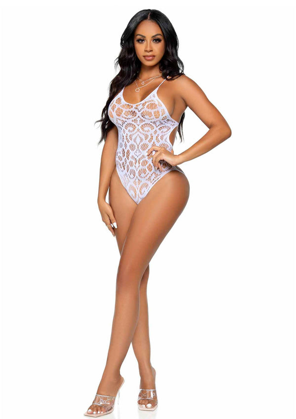 Weißer hauchzarter nahtloser Spitzenbodysuit mit tiefem Riemenrücken von Leg Avenue – Ansicht 4