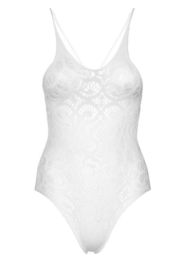 Weißer hauchzarter nahtloser Spitzenbodysuit mit tiefem Riemenrücken von Leg Avenue – Ansicht 6