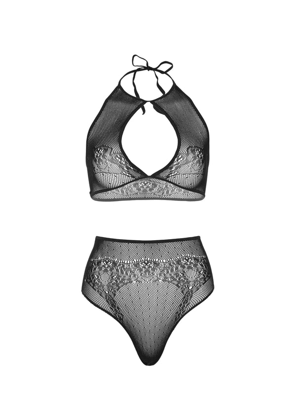 Schwarzes atemberaubendes zweiteiliges Dessous Set mit Neckholder Top von Leg Avenue – Ansicht 2