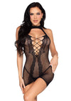 Schwarzes verspieltes Netzkleid mit gewagter Schnüroptik von Leg Avenue