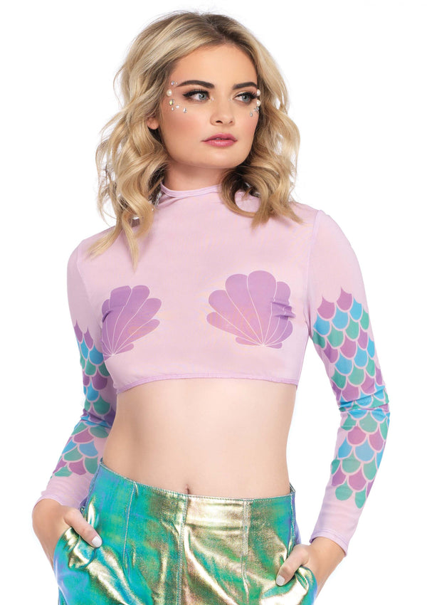 Lilafarbenes transparentes Mermaid Crop Top mit funkelnden Muscheln von Leg Avenue