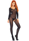 Schwarzer hauchzarter langärmliger Bodystocking mit offenem Schritt von Leg Avenue – Ansicht 2