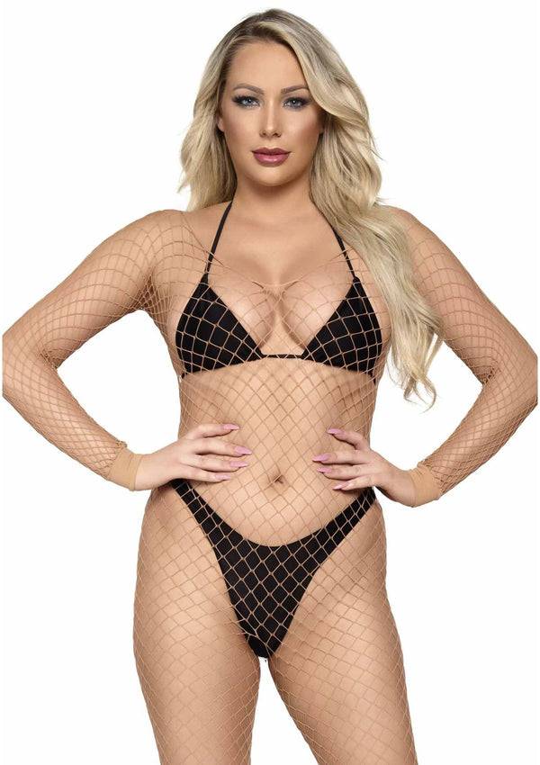 Nudefarbenes verführerisches Bodystocking mit langem Ärmel von Leg Avenue – Ansicht 4