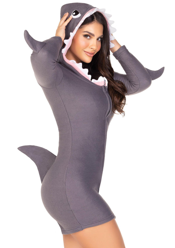 Graues hautenges Haifisch Fleecekleid mit aufregender Raubtierkapuze von Leg Avenue – Ansicht 2