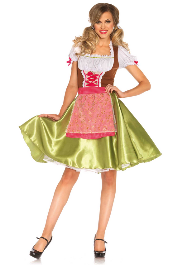 Mehrfarbiges aufregendes Dirndl Kleid mit edler Miederschnürung und transparenter Schürze von Leg Avenue