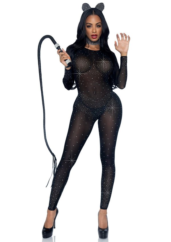 Schwarzer funkelnder Bodystocking mit eleganten langärmligen Details von Leg Avenue – Ansicht 5