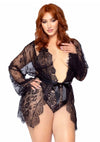 Schwarzes elegantes Spitzen Kimono Set mit femininem Teddy von Leg Avenue