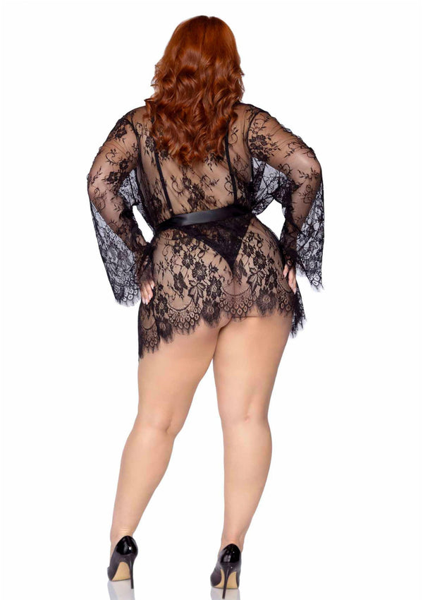 Schwarzes elegantes Spitzen Kimono Set mit femininem Teddy von Leg Avenue – Ansicht 4