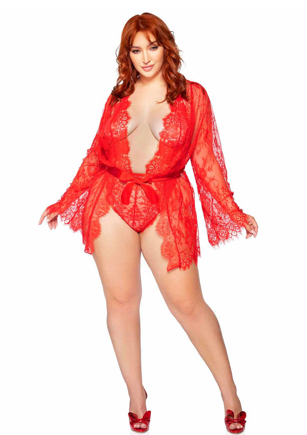 Roter eleganter Spitzenkimono mit verführerischem Teddy Set von Leg Avenue – Ansicht 5