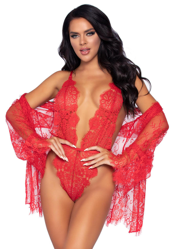 Rotes atemberaubendes Spitzen Kimono Set mit floralem Teddy von Leg Avenue