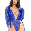 Blaues atemberaubendes Spitzen-Dessous Set mit Morgenmantel | Leg Avenue