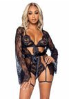 Schwarzes verführerisches Kimono Set aus zarter Spitze von Leg Avenue