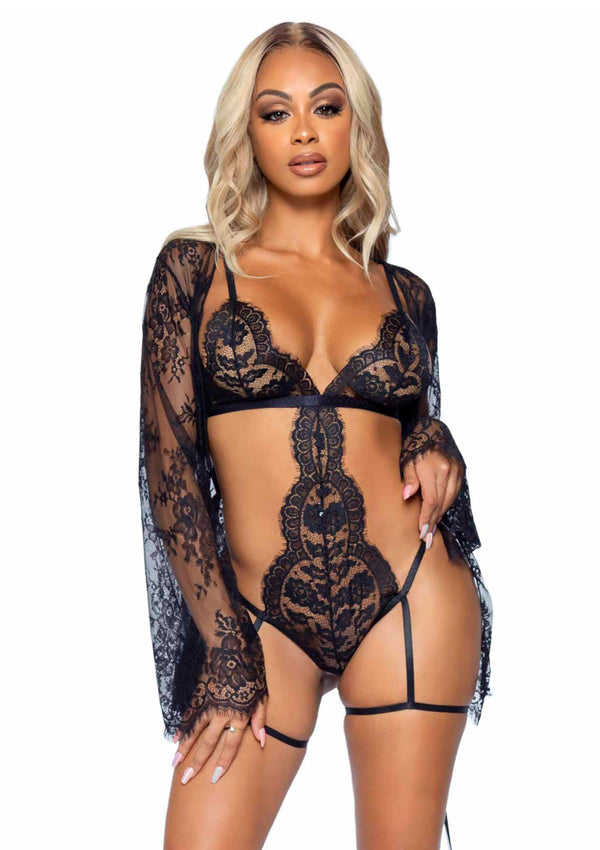 Schwarzes verführerisches Kimono Set aus zarter Spitze von Leg Avenue – Ansicht 3