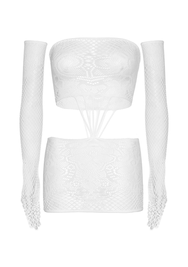 Weißes verführerisches Schlauchkleid mit eleganten passenden Handschuhen von Leg Avenue – Ansicht 11