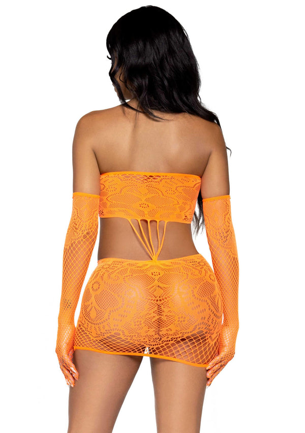 Oranges kurvenbetontes zweiteiliges Schlauchkleid mit Handschuhen von Leg Avenue – Ansicht 3