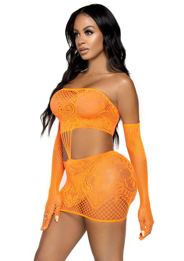 Oranges kurvenbetontes zweiteiliges Schlauchkleid mit Handschuhen von Leg Avenue – Ansicht 6