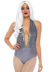 Grauer funkelnder Pailletten Bodysuit mit praktischem Schritt Verschluss von Leg Avenue