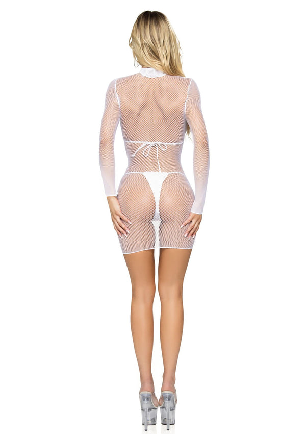 Weißes aufregendes Basic Netzkleid mit elegantem hohem Halsausschnitt von Leg Avenue – Ansicht 7