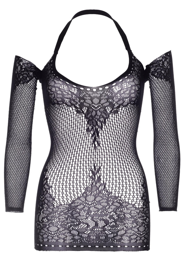 Schwarzes verführerisches Minikleid aus feiner Spitze mit Ösendetails von Leg Avenue – Ansicht 2