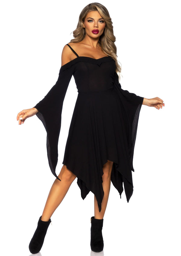Schwarzes mysteriöses Boho Kleid mit eleganten kalten Schultern von Leg Avenue