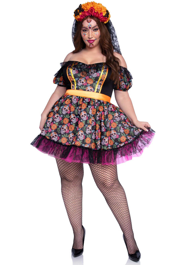 Kostüm - Farbintensives Ringelblumen-Kleid - Dia De Las Muertos - Queen Size | Leg Avenue