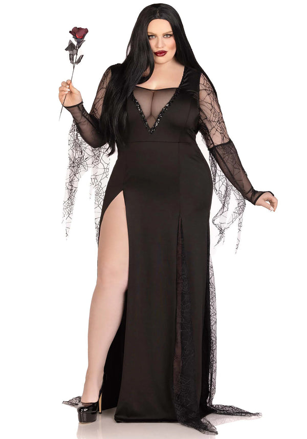Kostüm - Morticia Addams mit Spinnweben-Netzstoff - Queen Size | Leg Avenue