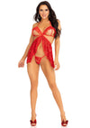 Rotes atemberaubendes zweiteiliges Babydoll Set mit aufregend offenen Cups von Leg Avenue – Ansicht 8