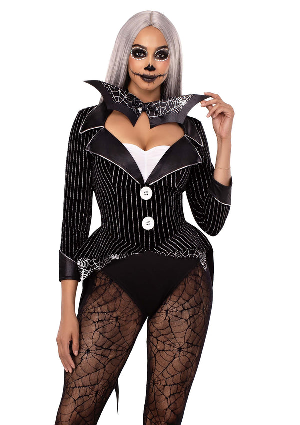 Schwarzes atemberaubendes Samt Bodysuit Set mit silbernen Lurexstreifen von Leg Avenue