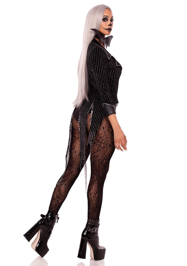 Schwarzes atemberaubendes Samt Bodysuit Set mit silbernen Lurexstreifen von Leg Avenue – Ansicht 3