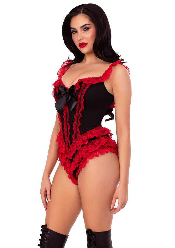 Elegantes Burlesque-Mieder mit roten Spitzenrüschen von Leg Avenue