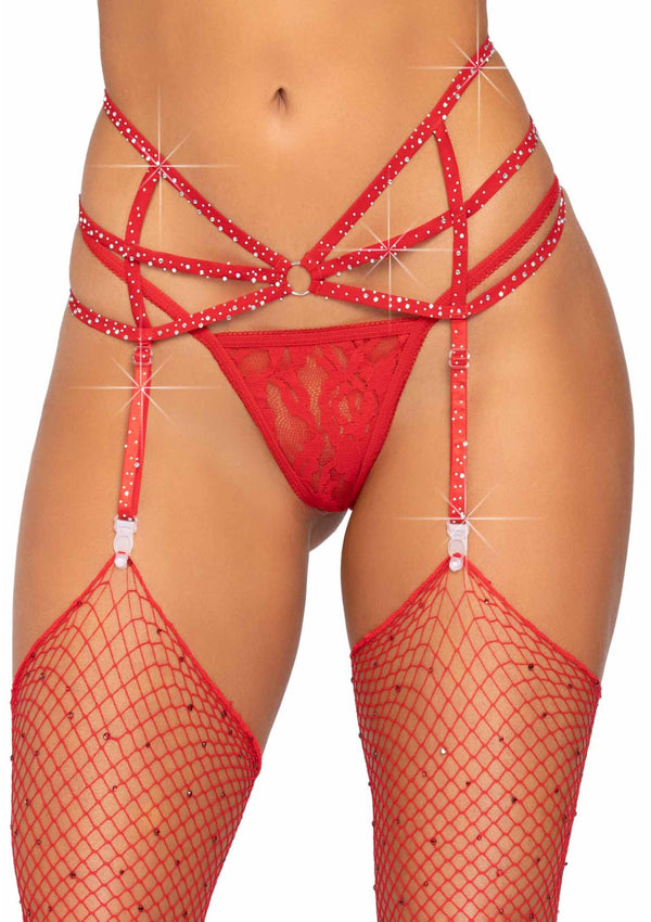 Roter eleganter Strumpfhalter Gürtel mit edlen Strasssteinchen von Leg Avenue – Ansicht 2