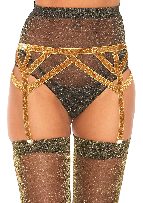 Goldener atemberaubender Strumpfgürtel aus schimmerndem Lurex von Leg Avenue