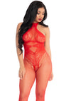 Schwarzer nahtloser Netz-Bodystocking mit eleganten Spitzen-Einsätzen von Leg Avenue