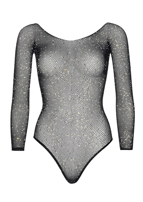 Schwarzer schimmernder Netzbodysuit mit funkelnden Strass Details von Leg Avenue – Ansicht 5